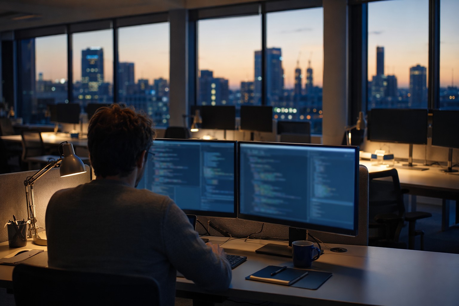 A developer working at monitors in an open-plan office at dusk