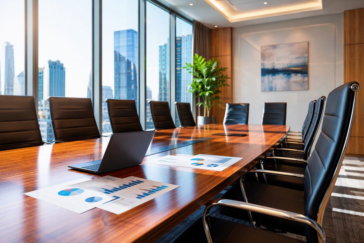 Bright empty modern boardroom with printed financial charts on a polished conference table