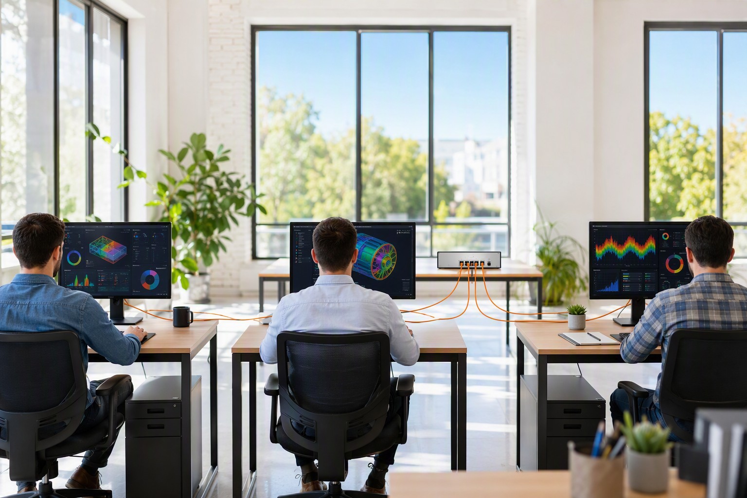 Three workstations linked by orange cables converging on a single network switch in a sunlit office
