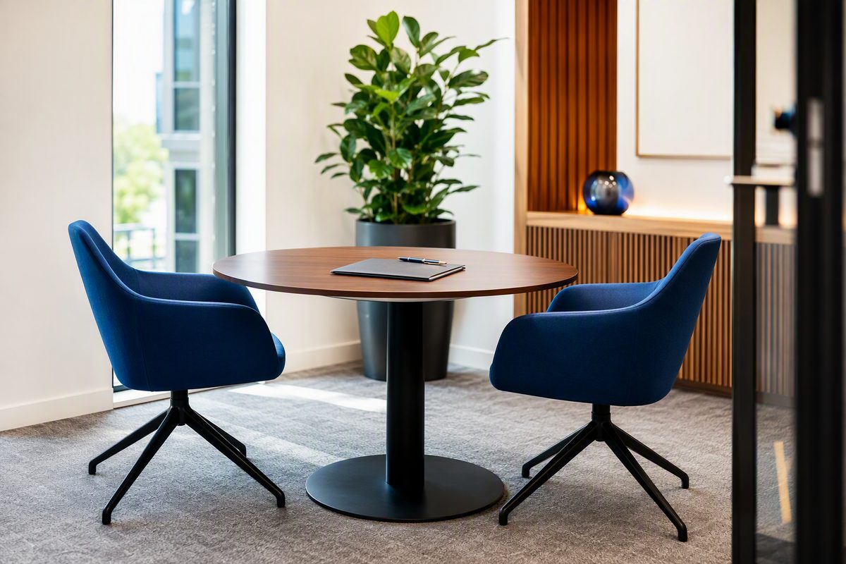 Bright empty negotiation room with two chairs facing each other across a small table with a closed folder