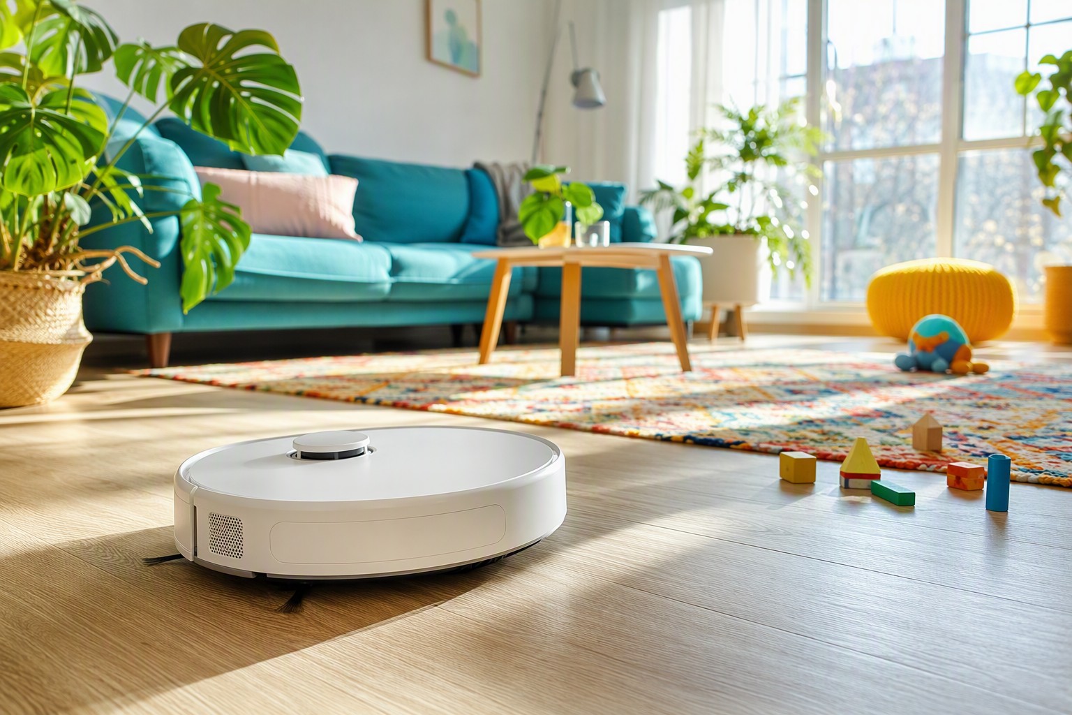 An unbranded robot vacuum on wood flooring in a sunlit living room