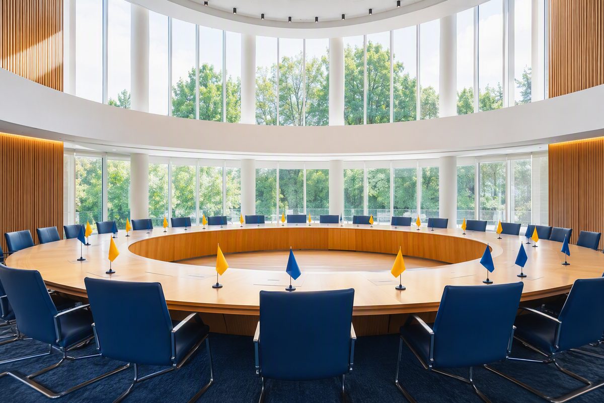 Bright empty circular summit negotiating hall with unmarked flag stands and daylight through tall windows