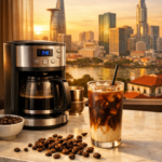 A coffee machine beside a glass of Vietnamese iced milk coffee with Ho Chi Minh City skyline in the background