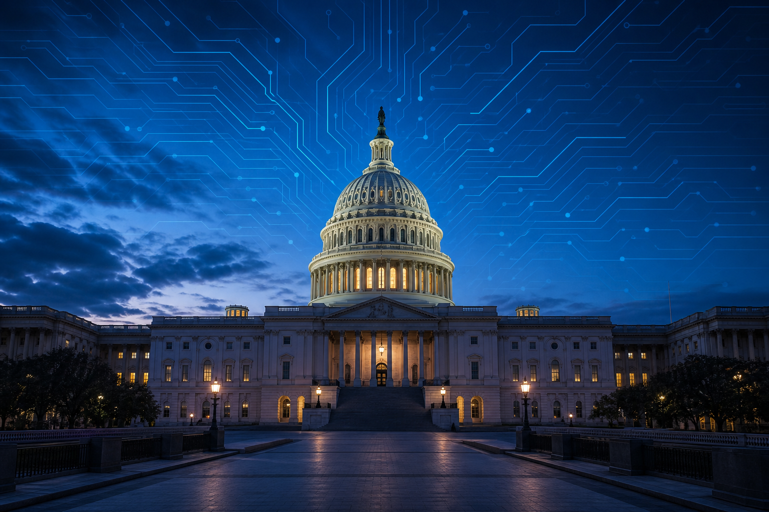 US Capitol building at twilight with abstract digital circuit patterns overlaying the sky in deep blue tones representing AI regulation and government policy