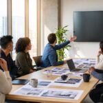 Marketing team reviewing campaign storyboards around a conference table