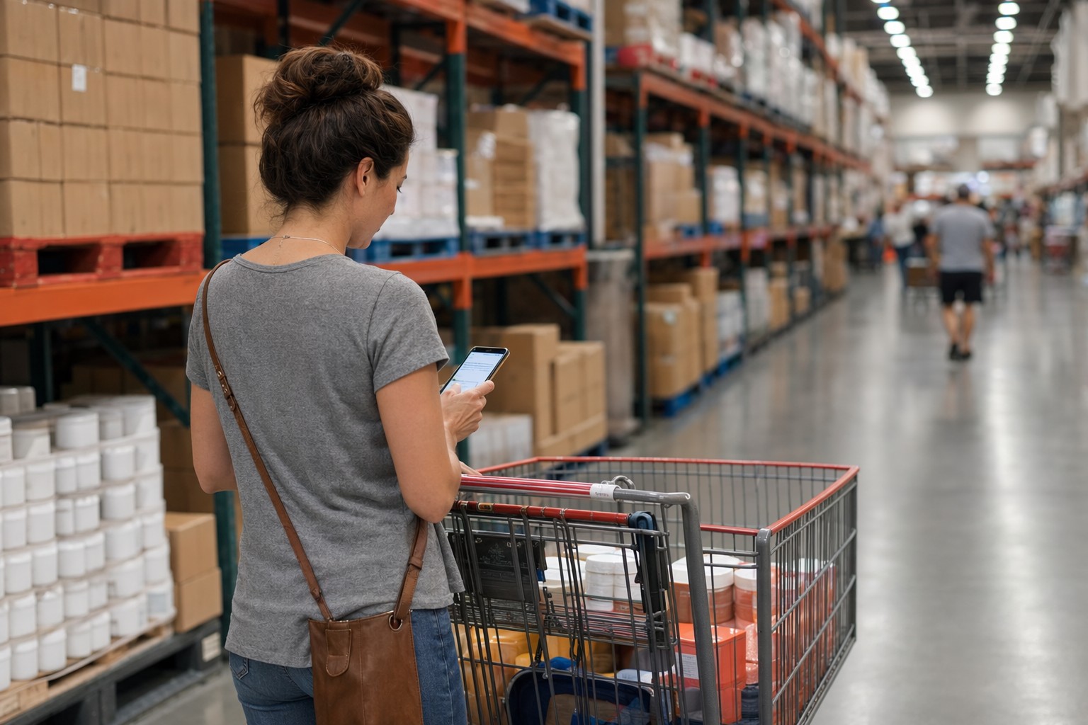 A shopper checking her phone in a warehouse club aisle while pushing a cart