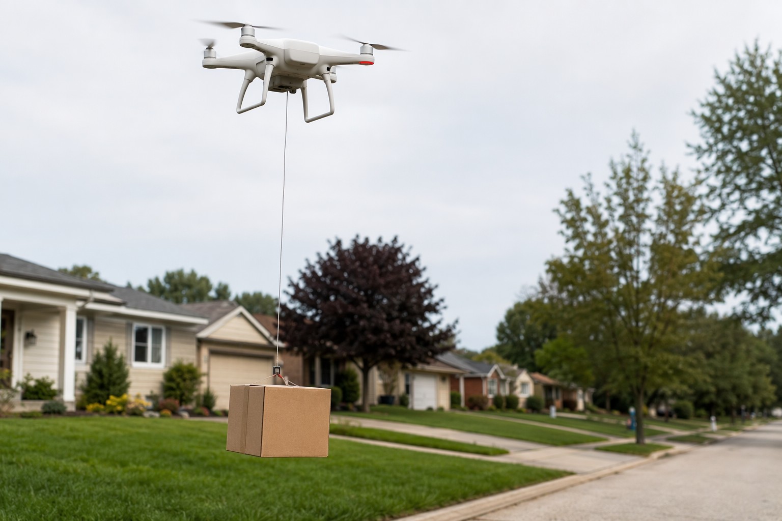 A delivery drone lowering a parcel on a tether over a suburban street