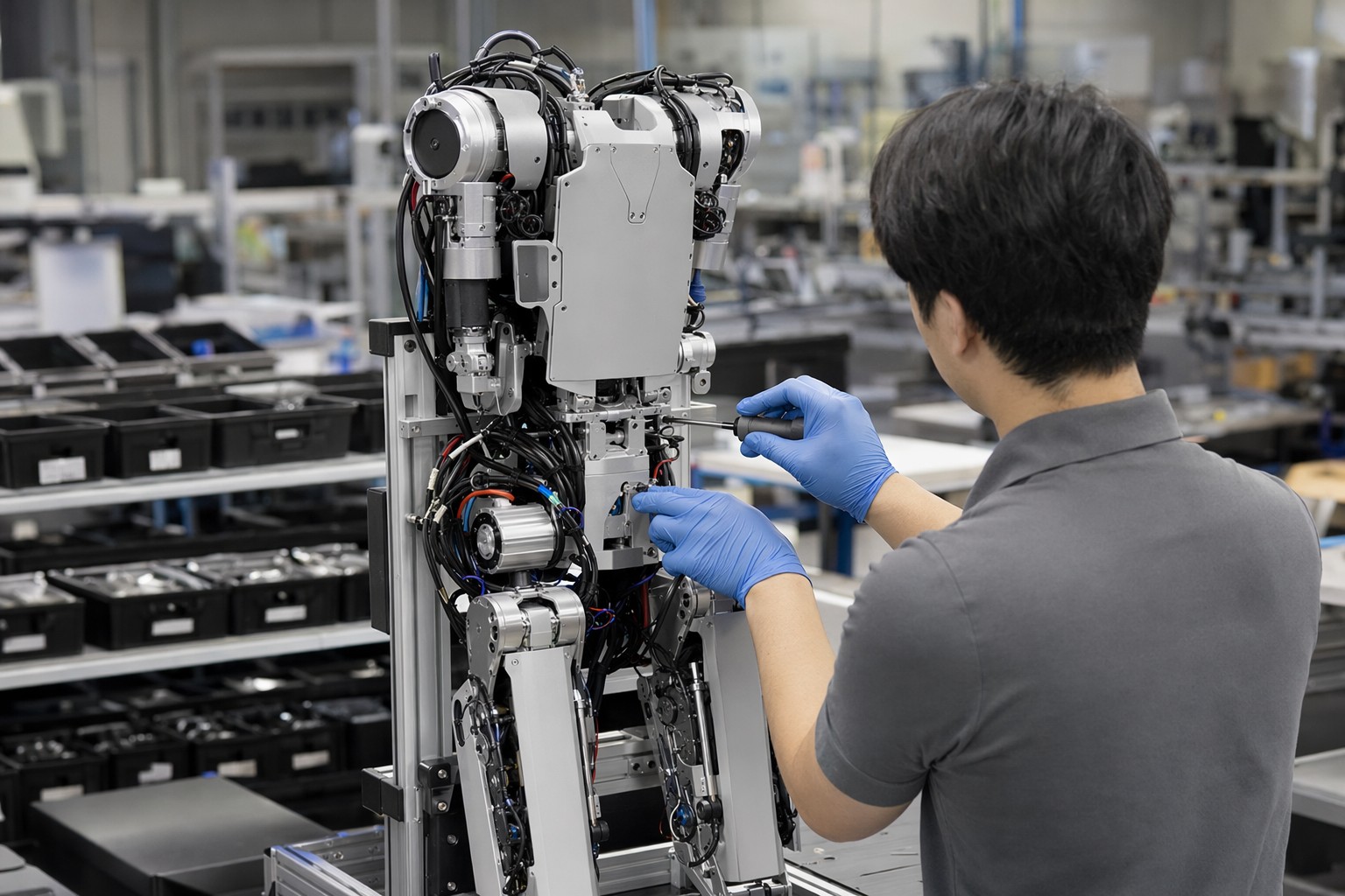 Technician assembling a humanoid robot chassis on a workbench in a robotics facility