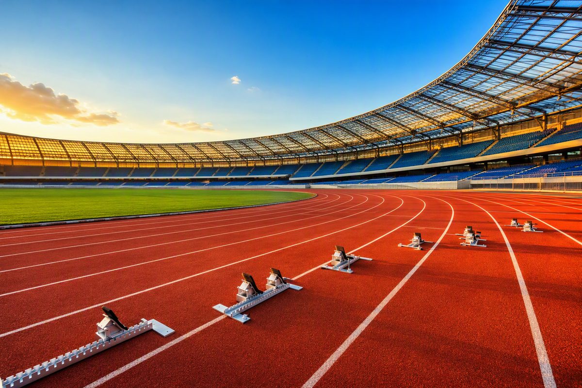 Empty athletics track with starting blocks at golden hour, illustrating the debate over pacing frontier AI