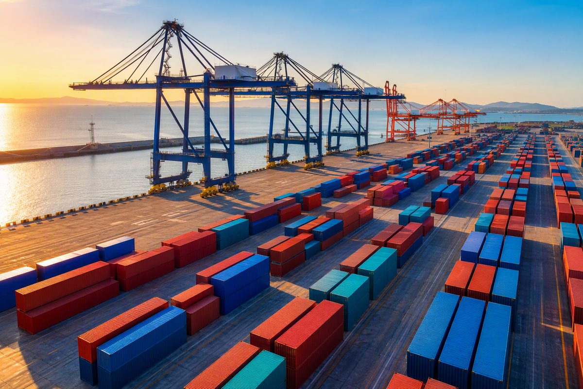 Aerial view of an empty container port at golden hour, illustrating China's draft AI export controls